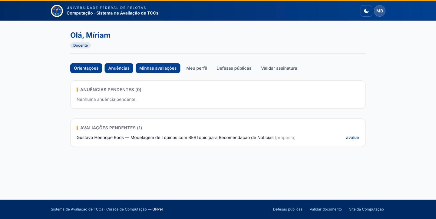 Painel do docente com as abas Orientações, Anuências e Minhas avaliações.