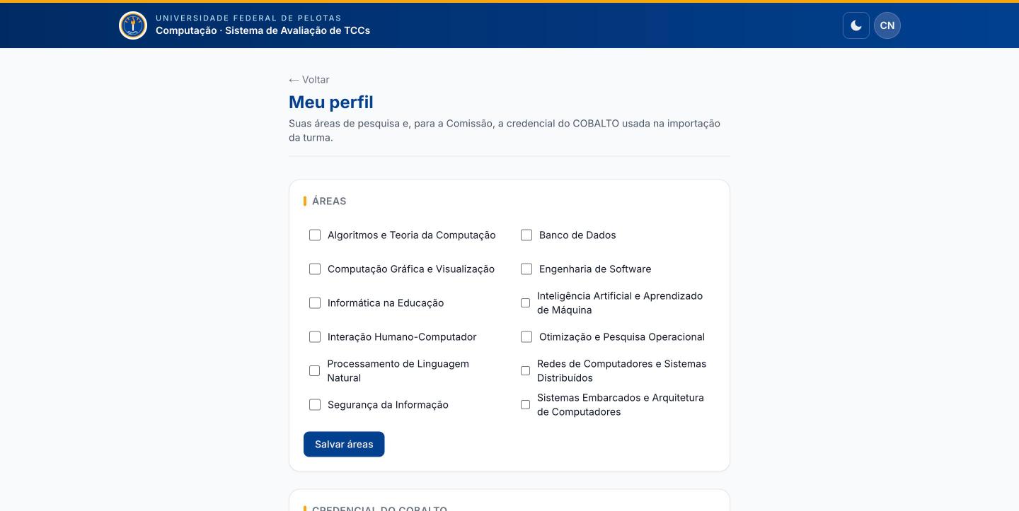 Meu perfil com a lista de áreas de pesquisa para marcar.